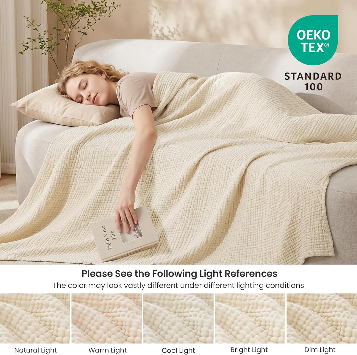 Love's cabin 100% Cotton Muslin Blanket, 6 Layer Lightweight Breathable Gauze Throw Blanket 50 x 60 Inches, Soft All Season Blanket for Couch, Bed, Sofa, Beige
