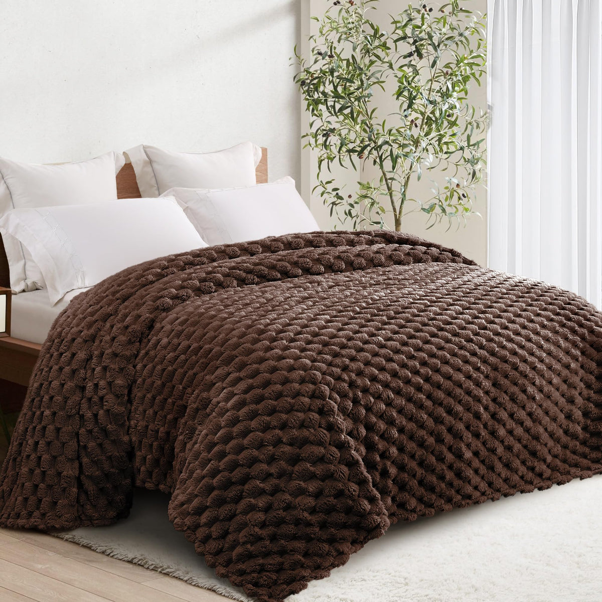 Whale Flotilla Soft 3D Jacquard Fleece Throw Blanket for Couch & Bed, Ivory