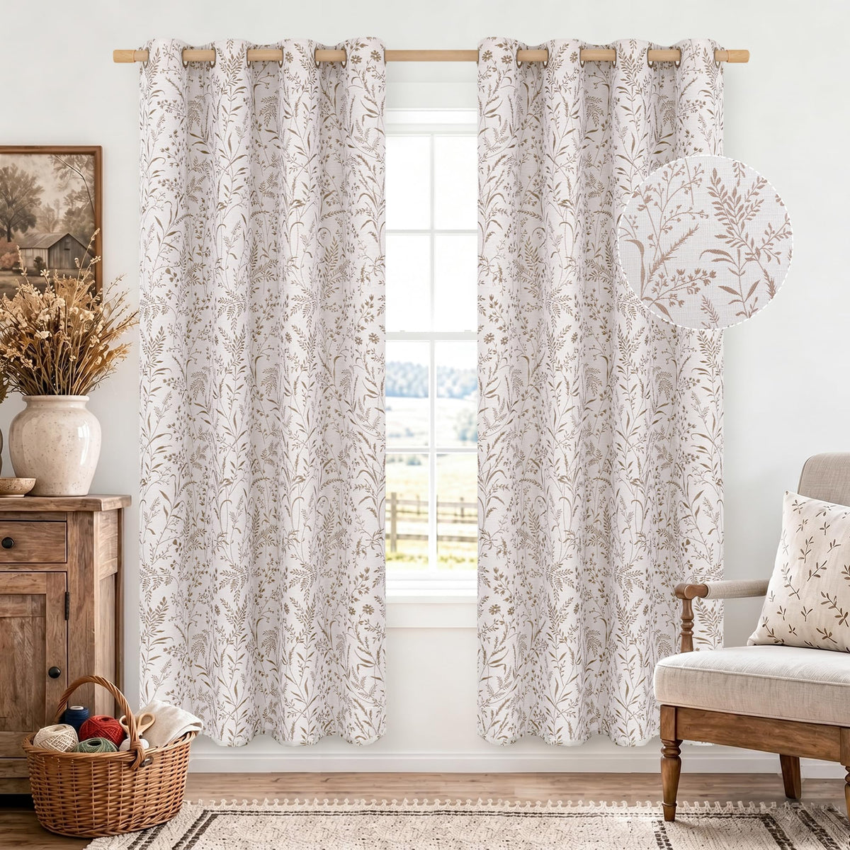 BGment Green Leaf Linen Curtains for Living Room 84 Inch Length 2 Panels