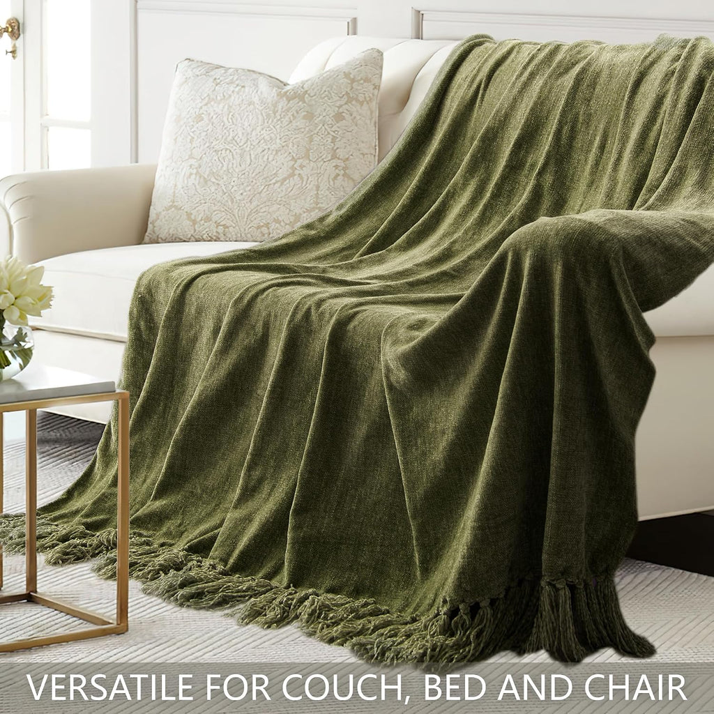 Chenille Throw Blanket for Couch 50" x 60", Olive Green