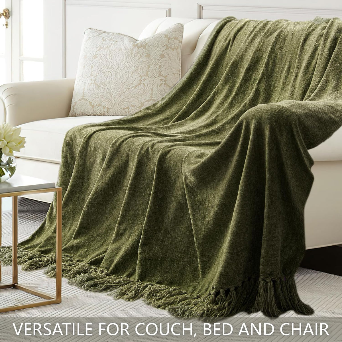 Chenille Throw Blanket for Couch 50" x 60", Olive Green