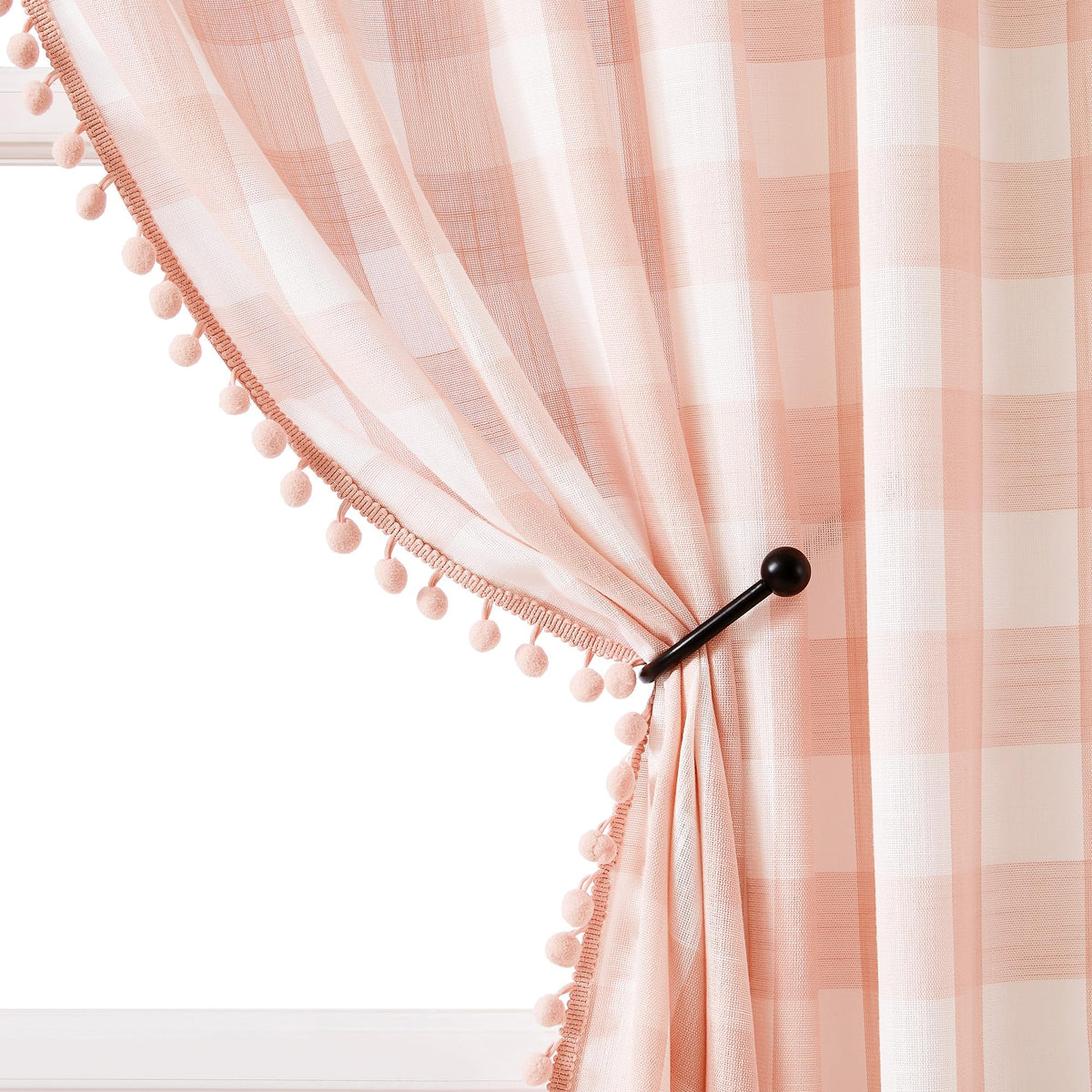 White Black Buffalo Check Curtains with PomPoms 45" SemiSheer Country Plaid