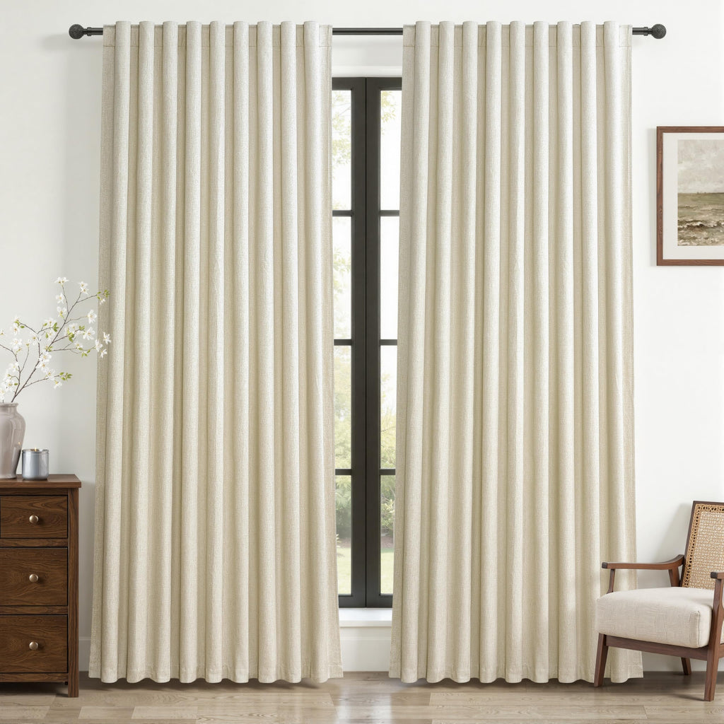 100% Blackout Curtains 84 Inch Length 2 Panels Set Farmhouse Style for Bedroom Windows/Living Room Thermal Insulated Neutral Boho Drapes Linen Blend Natural Ivory 7ft Long Hook Belt Pleated/Back Tab