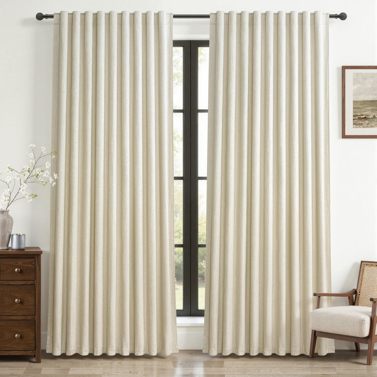 100% Blackout Curtains 84 Inch Length 2 Panels Set Farmhouse Style for Bedroom Windows/Living Room Thermal Insulated Neutral Boho Drapes Linen Blend Natural Ivory 7ft Long Hook Belt Pleated/Back Tab