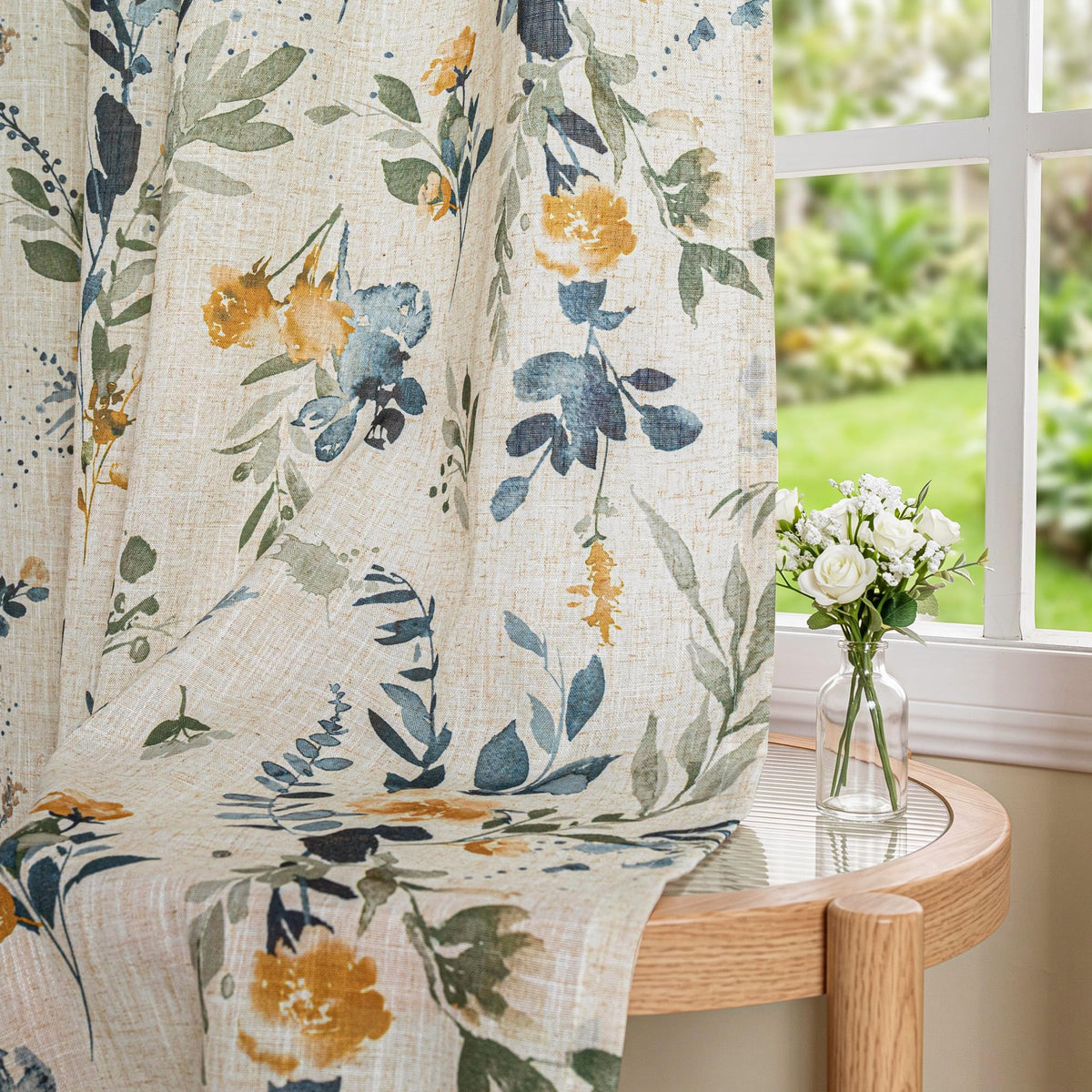MYSKY HOME Floral Curtains 72 inch for Living Room Linen Semi Sheer Light Filtering Privacy Protect Lightweight Drapes Decor Farmhouse Soft Touch for Dining Room, Yellow, 52" Wide, 2 Panels