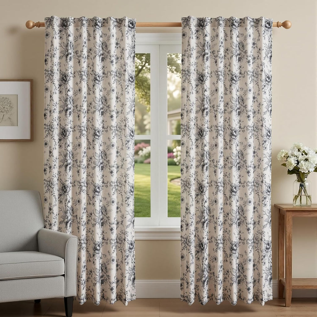 XWZO Floral Curtains for Living Room Linen Farmhouse Curtains 84 Inch Length Black Floral Patterned Curtain Peony Flower Printed Back Tab Curtain Bedroom Window Drapes 2 Panels
