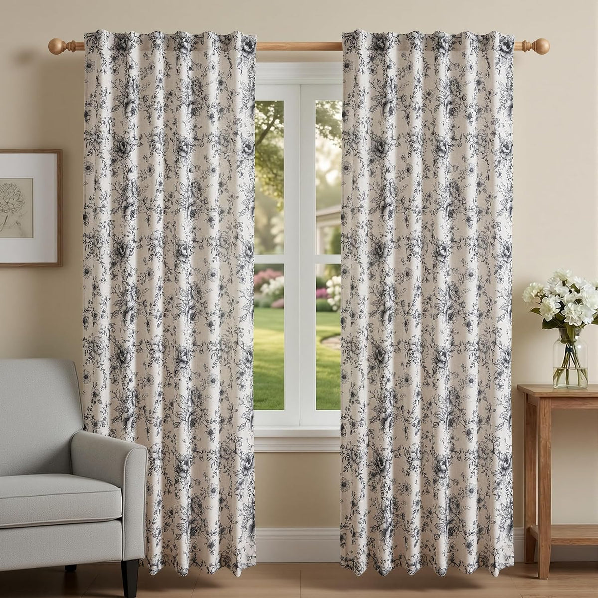XWZO Floral Curtains for Living Room Linen Farmhouse Curtains 84 Inch Length Black Floral Patterned Curtain Peony Flower Printed Back Tab Curtain Bedroom Window Drapes 2 Panels