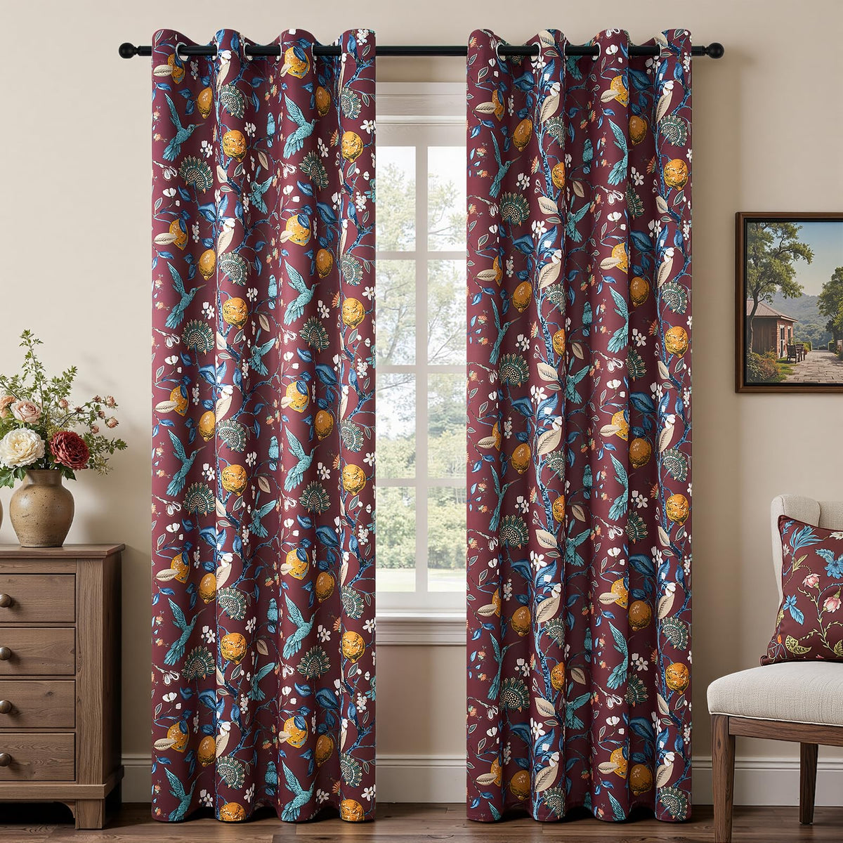 Topfinel Mustard Yellow Vintage Curtains & Drapes 84 Inches Long, Grommet Luxury Whimsical Floral Lemon Hummingbird Patterned Waverly Mid Century Colorful Blackout Drapes for Living Room Bedroom