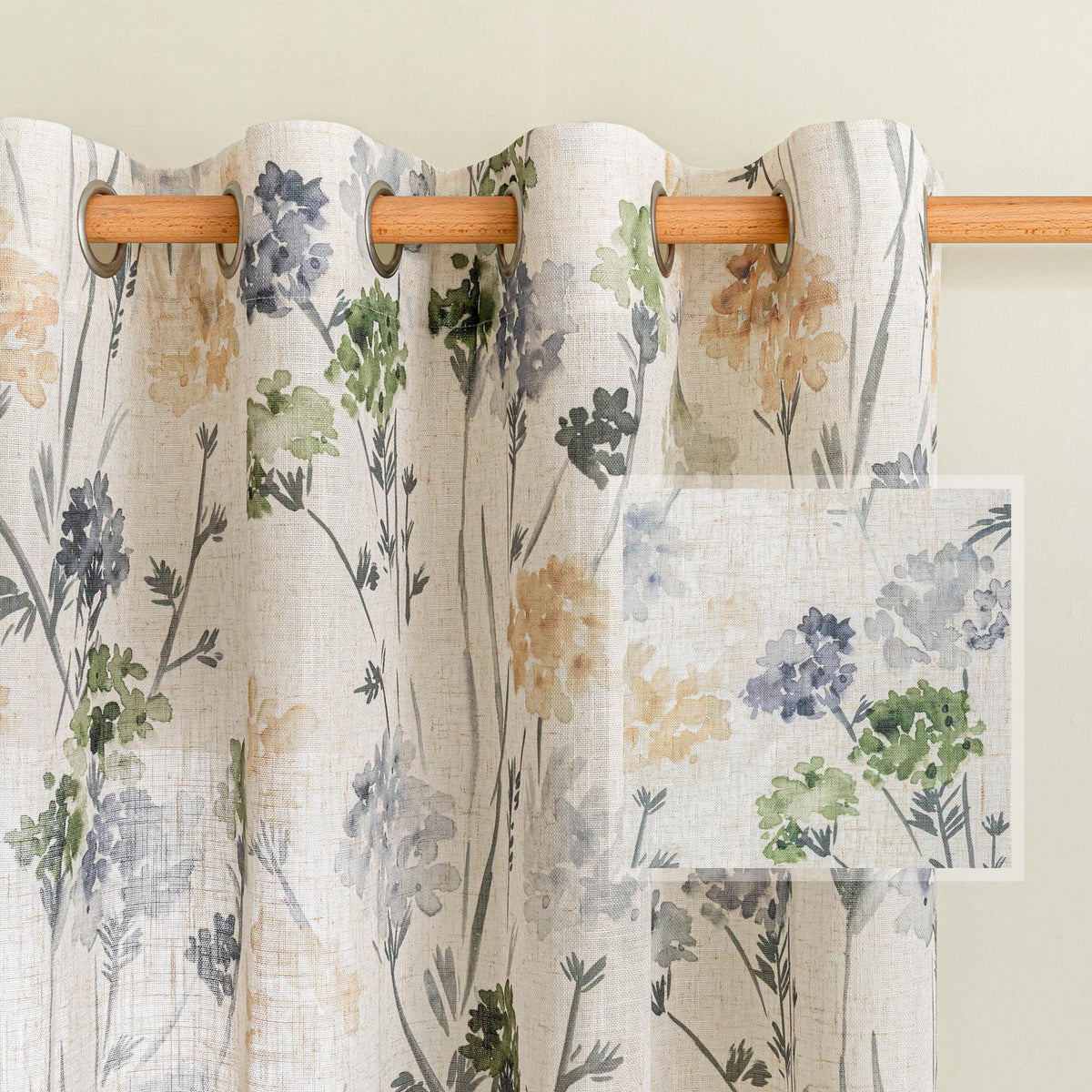 MYSKY HOME Floral Curtains 72 inch for Living Room Linen Semi Sheer Light Filtering Privacy Protect Lightweight Drapes Decor Farmhouse Soft Touch for Dining Room, Yellow, 52" Wide, 2 Panels