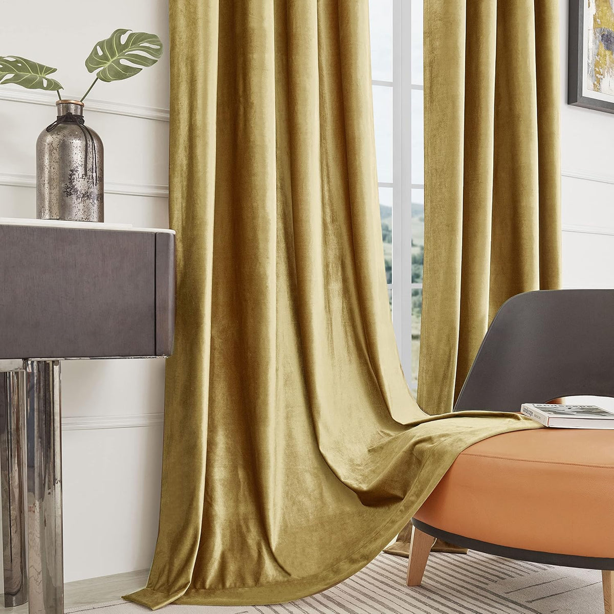 BULBUL Velvet Gold Grommet Blackout Curtains 84 inch Length for Living Room