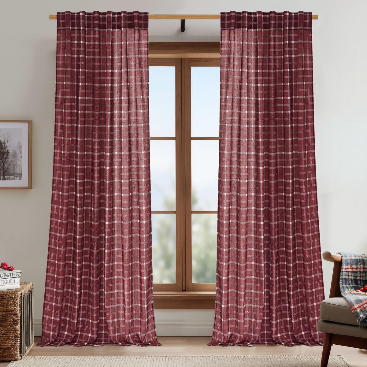 NICETOWN Moss Green Linen Plaid Curtains 96 inches Long for Bedroom