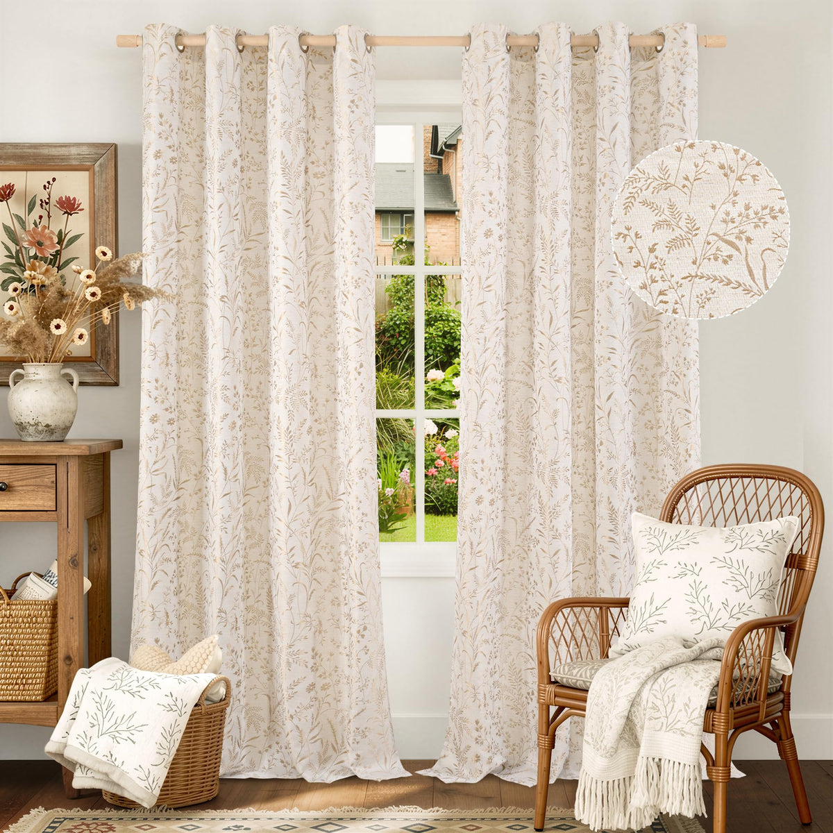 BGment Green Leaf Linen Curtains for Living Room 84 Inch Length 2 Panels