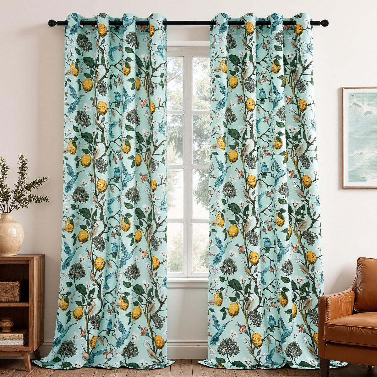Topfinel Mustard Yellow Vintage Curtains & Drapes 84 Inches Long, Grommet Luxury Whimsical Floral Lemon Hummingbird Patterned Waverly Mid Century Colorful Blackout Drapes for Living Room Bedroom