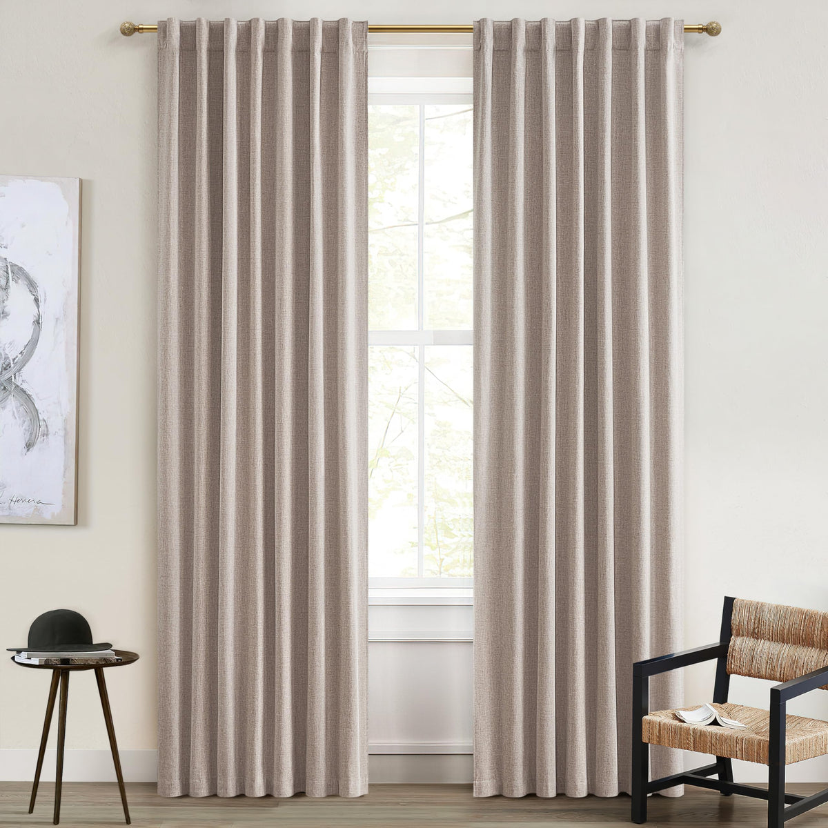 100% Blackout Curtains 84 Inch Length 2 Panels Set Farmhouse Style for Bedroom Windows/Living Room Thermal Insulated Neutral Boho Drapes Linen Blend Natural Ivory 7ft Long Hook Belt Pleated/Back Tab