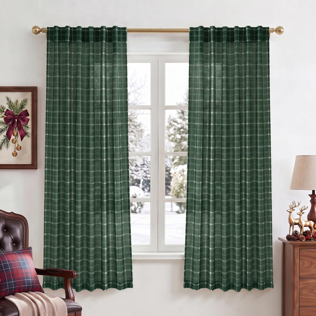 NICETOWN Moss Green Linen Plaid Curtains 96 inches Long for Bedroom