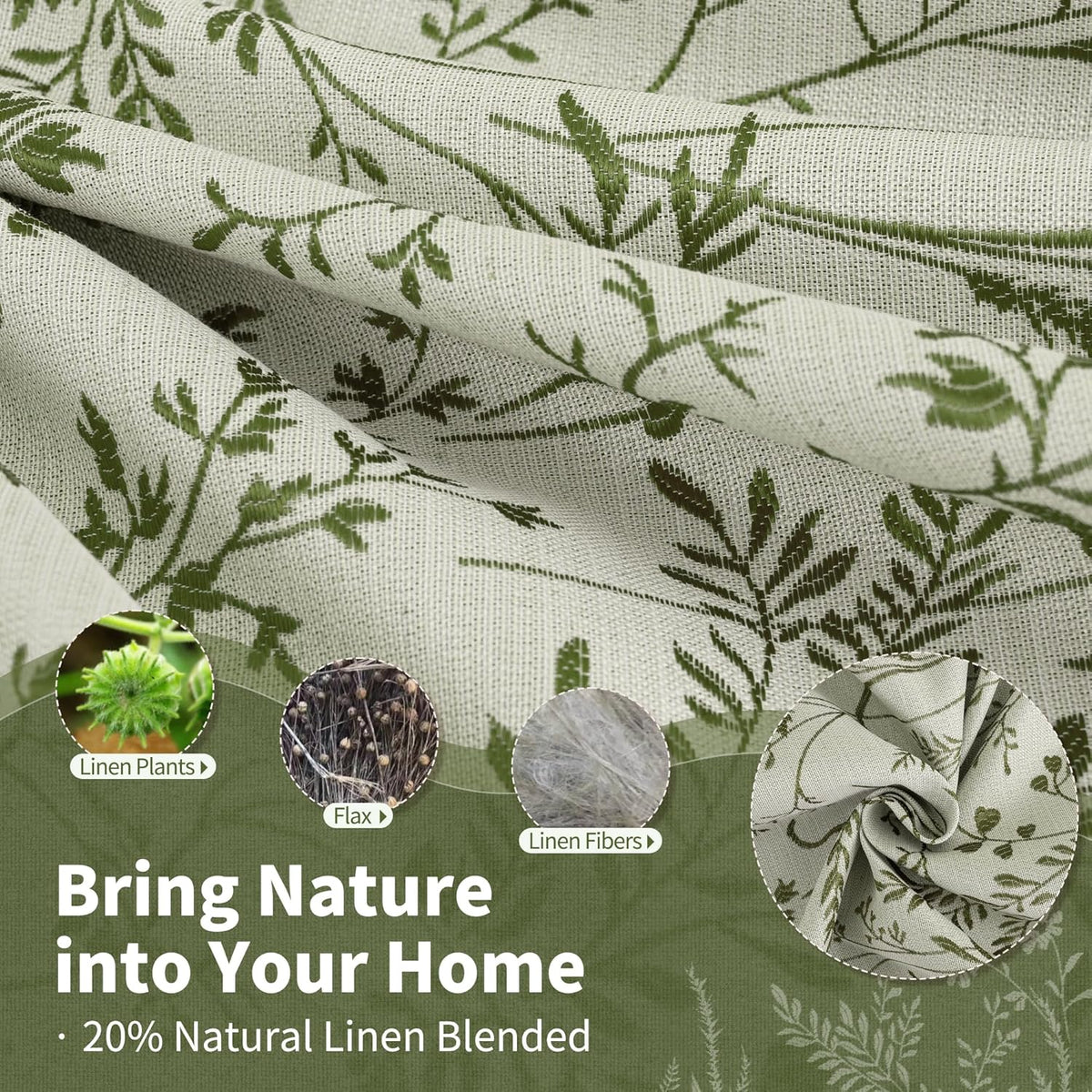 BGment Green Leaf Linen Curtains for Living Room 84 Inch Length 2 Panels