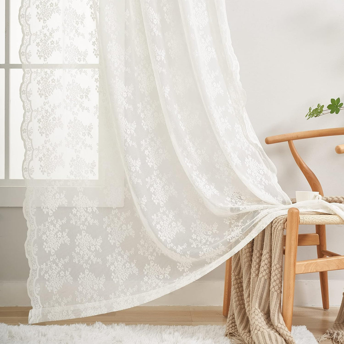 YJ YANJUN Vintage Lace Curtains 84 Inches Long-Victorian Floral Pattern Ivory Sheer Curtain Panels for Living Room Bedroom French Door, Light Filtering Drapes, 2 Panels 52W x 84L Cream