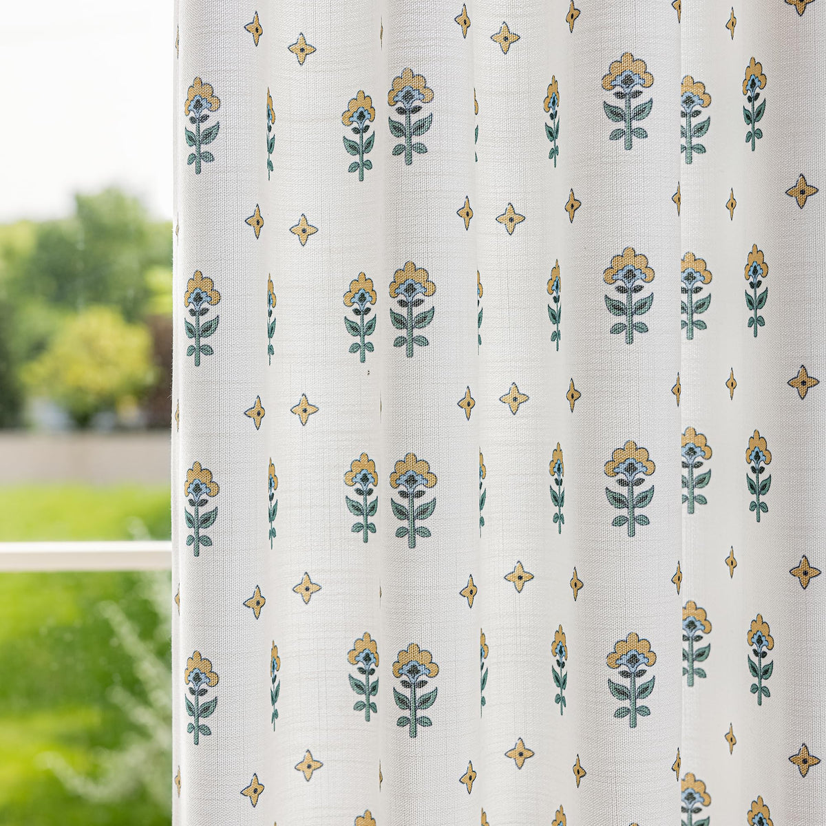 DrapePalette - Linen Blend Pinch Pleated Curtains 108 Inches Long for Living Room, Bedroom, Dining Room, Light Filtering Curtains 2 Panels Set, Modern Floral Printed Design, Antique White 30"W x 108"L