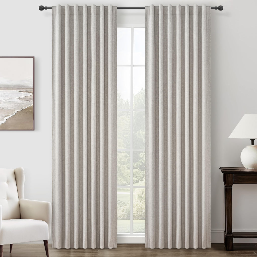 100% Blackout Curtains 84 Inch Length 2 Panels Set Farmhouse Style for Bedroom Windows/Living Room Thermal Insulated Neutral Boho Drapes Linen Blend Natural Ivory 7ft Long Hook Belt Pleated/Back Tab