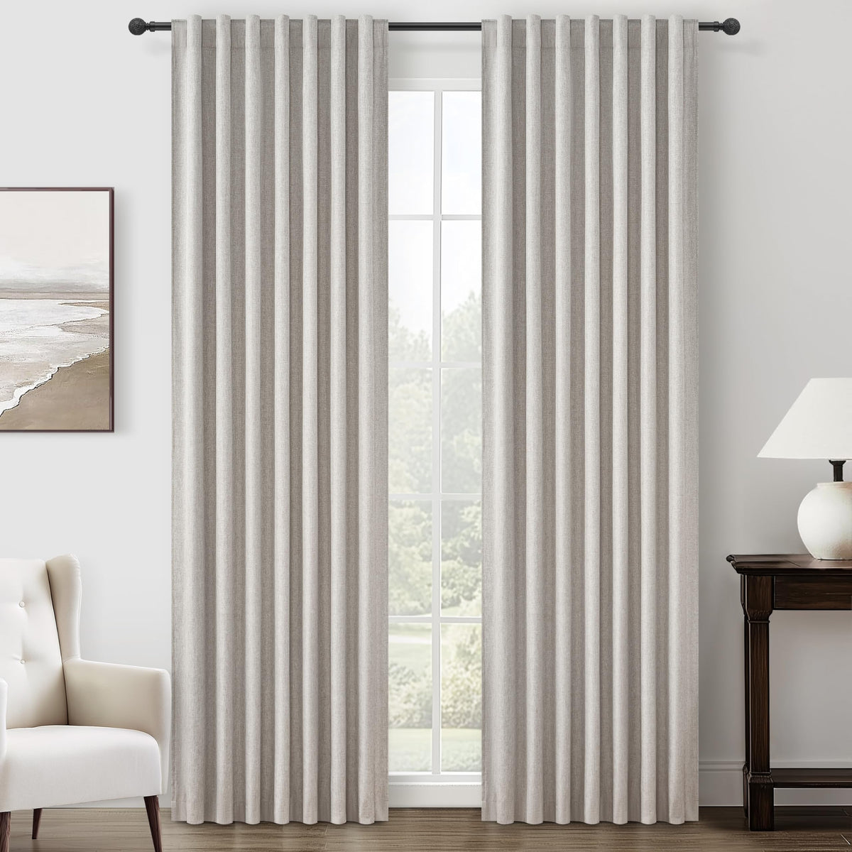 100% Blackout Curtains 84 Inch Length 2 Panels Set Farmhouse Style for Bedroom Windows/Living Room Thermal Insulated Neutral Boho Drapes Linen Blend Natural Ivory 7ft Long Hook Belt Pleated/Back Tab