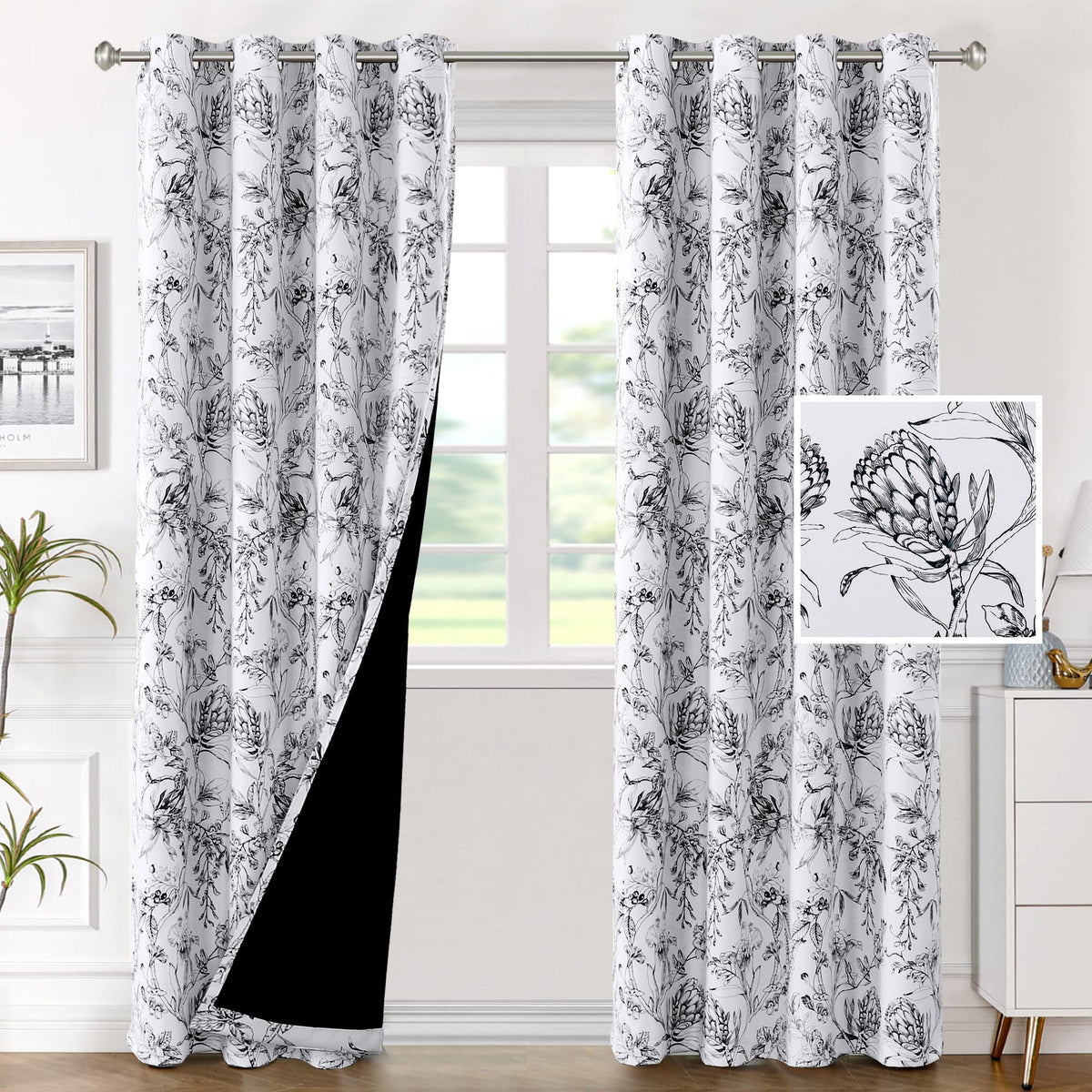 H.VERSAILTEX 100% Blackout Curtains 84 inch Length 2 Panels Set Cattleya Floral Printed Drapes Leah Floral Thermal Curtains for Bedroom with Black Liner Sound Proof Curtains, Grey and Taupe