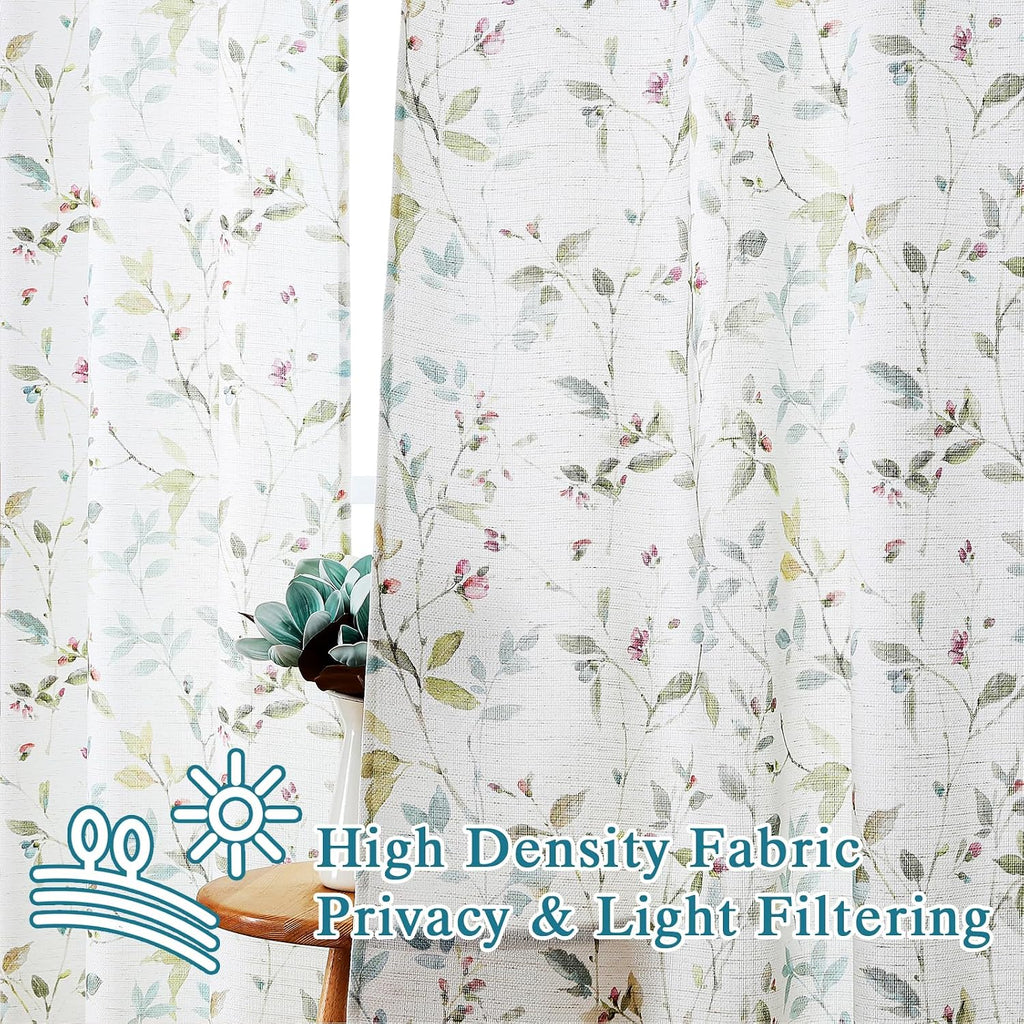 Chyhomenyc Roman Linen Blend Curtains 45 Inch Length 2 Panels, Light Filtering Soft Airy Leaf Floral Printed Rod Pocket Textured Window Treatment Drapes for Living Room Bedroom, 38Wx45L Inch, 2 PCS