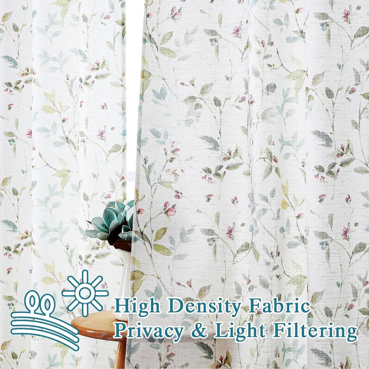 Chyhomenyc Roman Linen Blend Curtains 45 Inch Length 2 Panels, Light Filtering Soft Airy Leaf Floral Printed Rod Pocket Textured Window Treatment Drapes for Living Room Bedroom, 38Wx45L Inch, 2 PCS