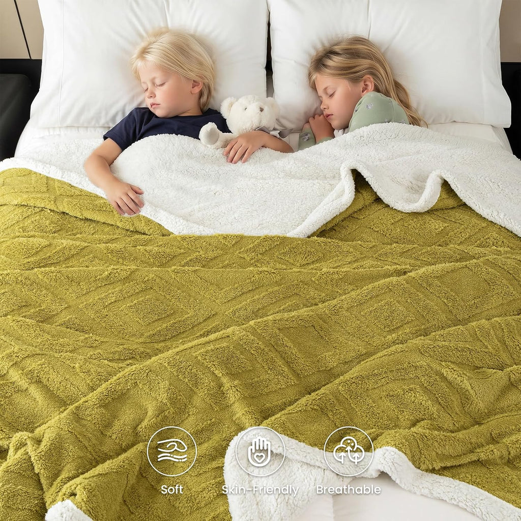 Sherpa Throw Blanket for Couch, and Bed, Queen 90"x90", Mustard