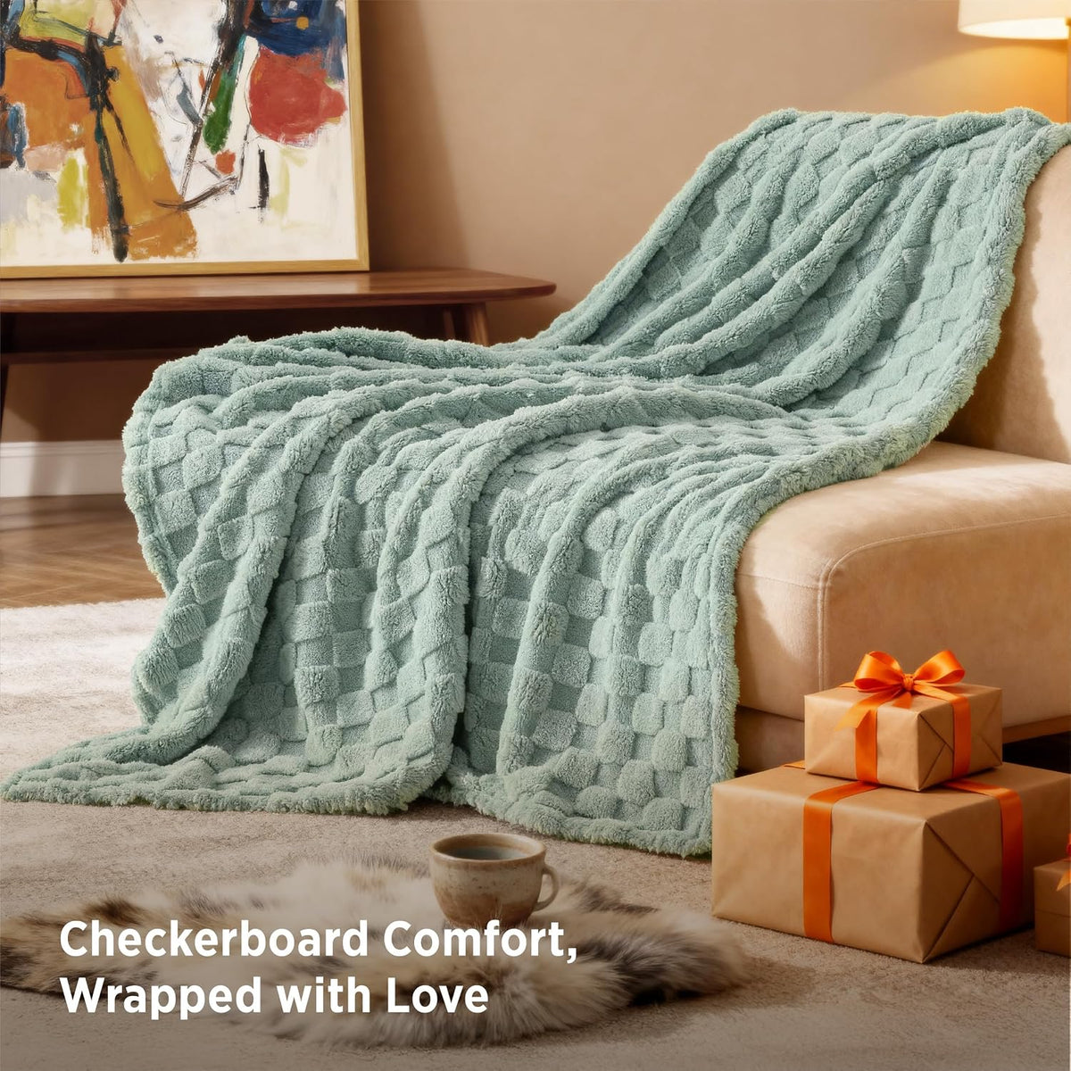 Bedsure Checkered Fleece Throw Blanket,Cute Home Decor,Sage Green,50"×60"