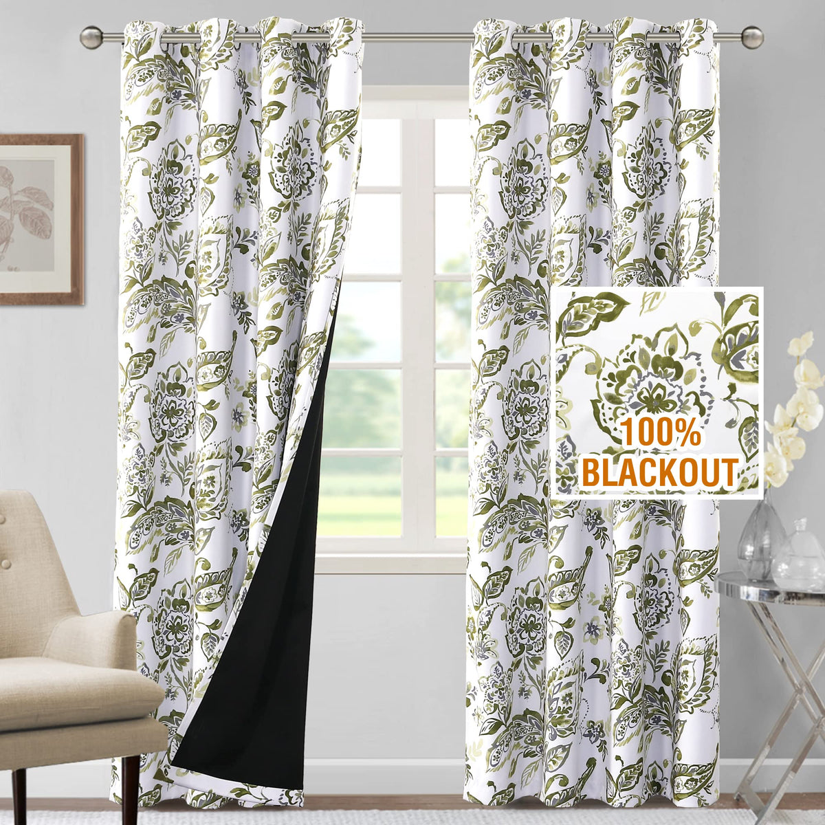 H.VERSAILTEX 100% Blackout Curtains 84 inch Length 2 Panels Set Cattleya Floral Printed Drapes Leah Floral Thermal Curtains for Bedroom with Black Liner Sound Proof Curtains, Grey and Taupe