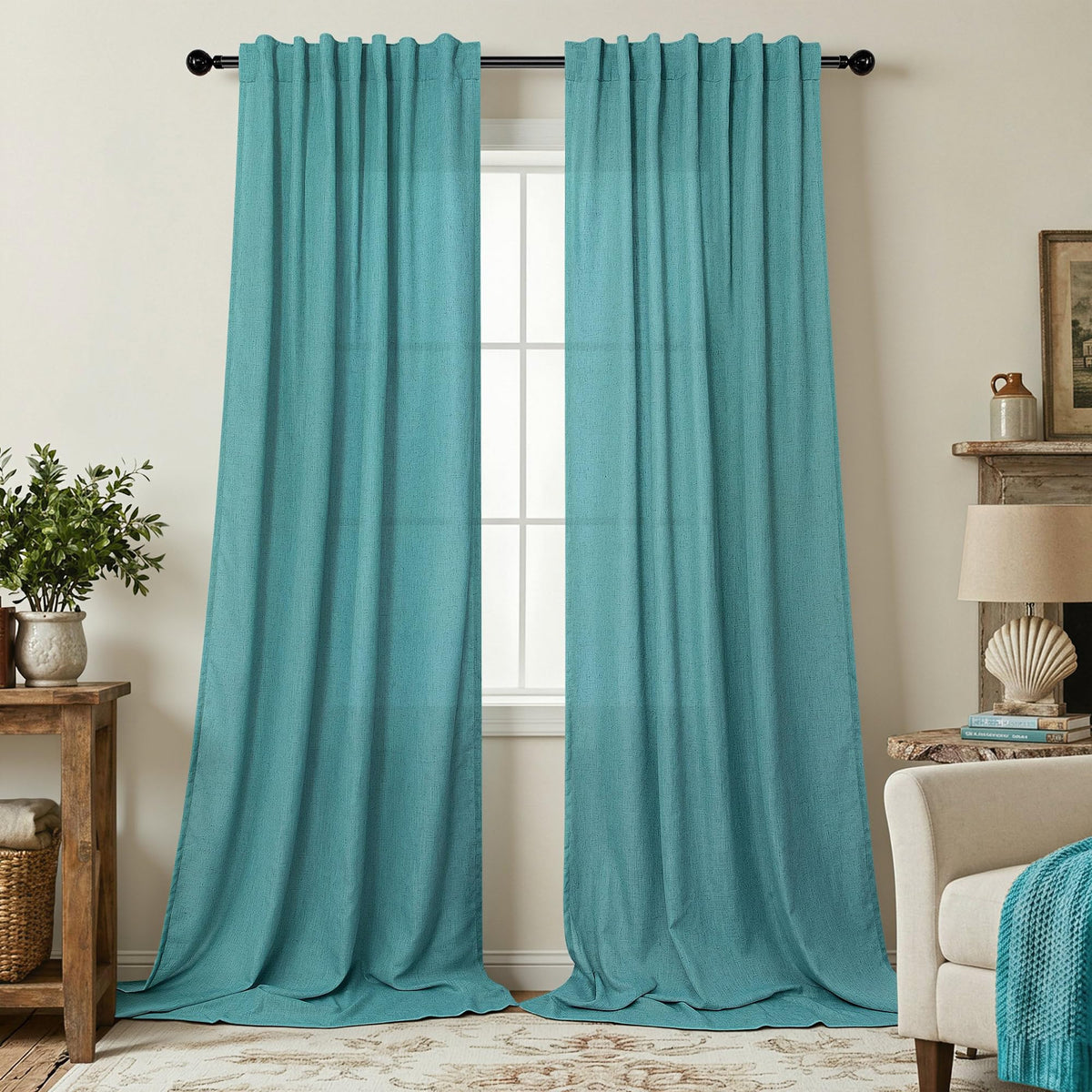 Natural Linen Back Tab Curtains 84 Inch Length for Living Room 2 Panel Pocket Drape Light Filtering Semi Sheer Neutral Country Rustic Farmhouse Boho Curtain Bedroom Muslin Look Ivory Cream Colored