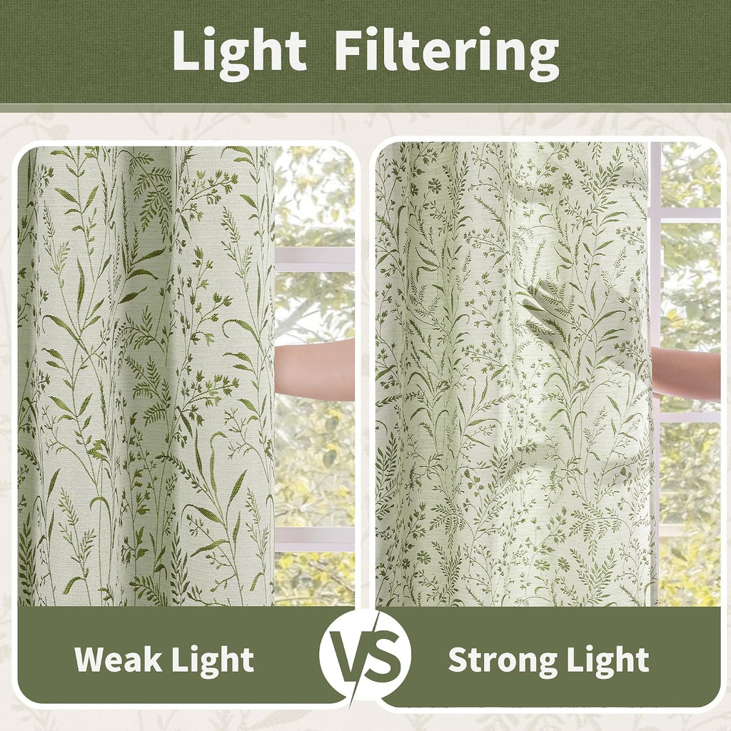 BGment Green Leaf Linen Curtains for Living Room 84 Inch Length 2 Panels