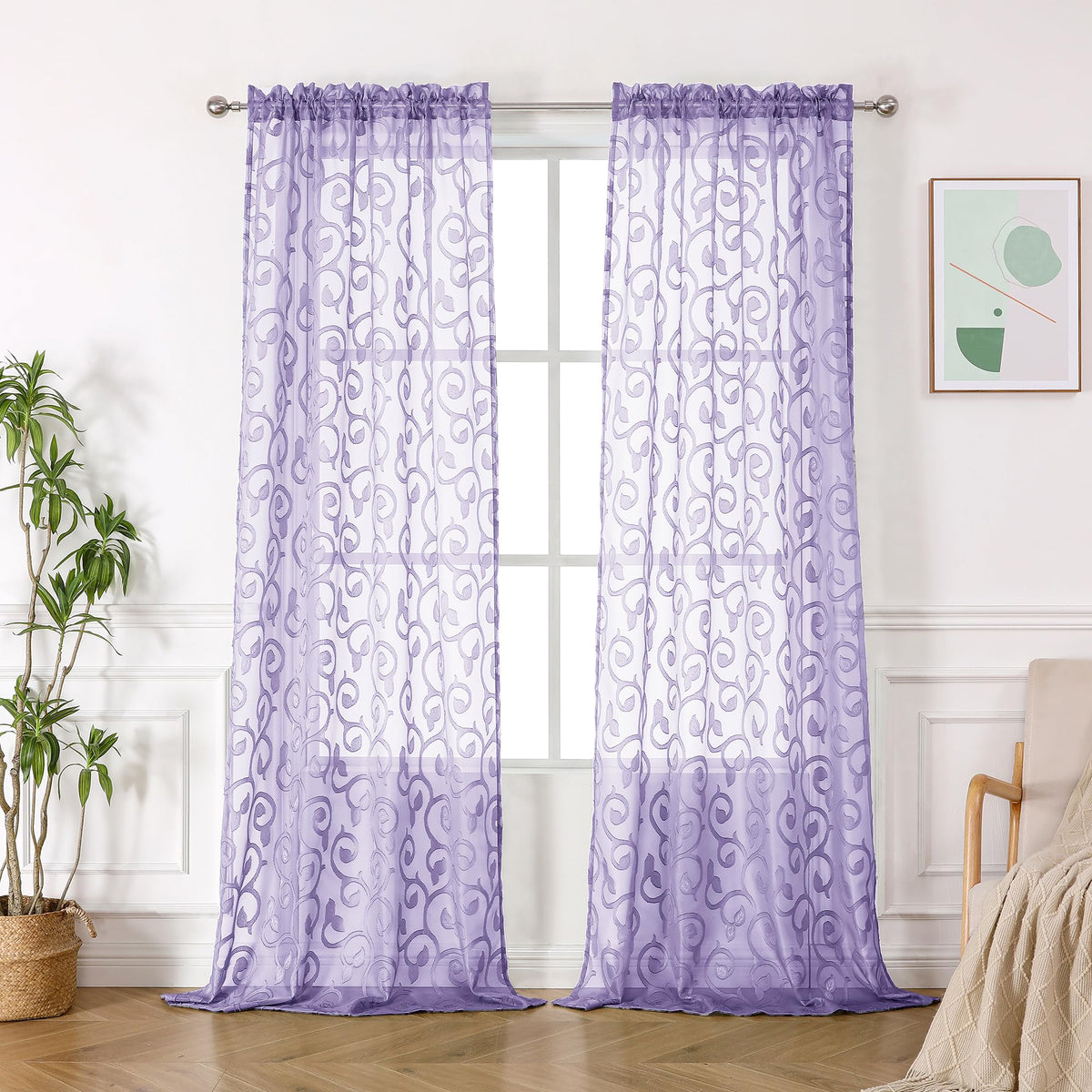 OWENIE Furman Ivory Sheer Curtains 84 inches Long for Bedroom Living Room 2 Panels Set, Jacquard Clip Light Filtering Semi Sheer Curtain Rod Pocket Window Drapes, 2 Pcs Each 40 W 84 L