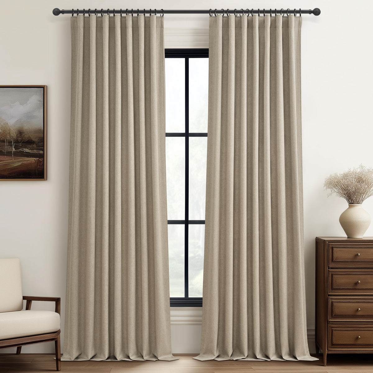 100% Blackout Curtains 84 Inch Length 2 Panels Set Farmhouse Style for Bedroom Windows/Living Room Thermal Insulated Neutral Boho Drapes Linen Blend Natural Ivory 7ft Long Hook Belt Pleated/Back Tab
