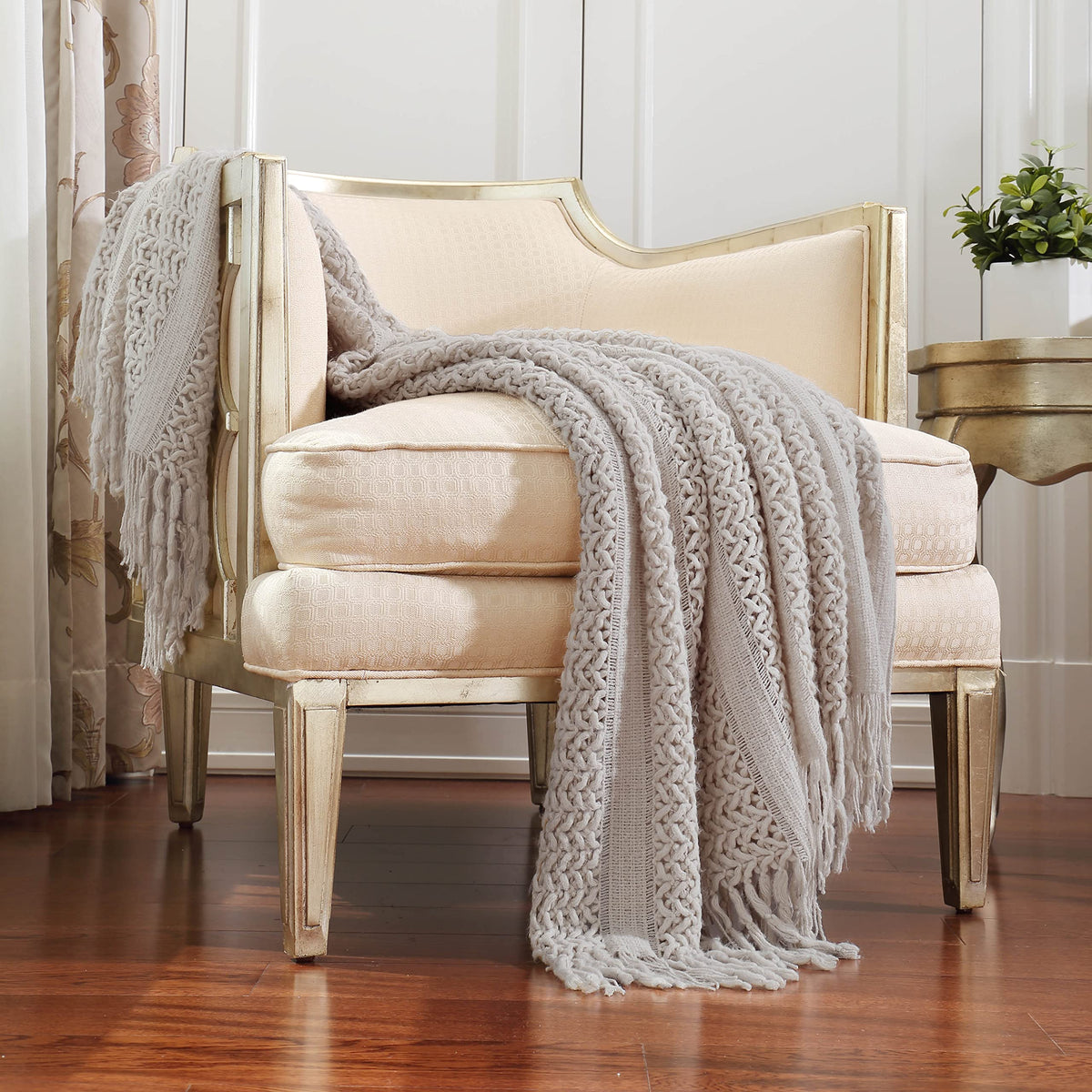 CREVENT Farmhouse Boho Knitted Throw Blanket for Couch Sofa Chair Bed Home Decoration, Soft Warm Cozy Light Weight for Spring Summer Fall (50''X60'' Off White/Ivory/Cream)