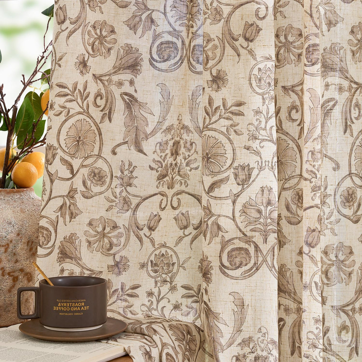 jinchan Beige Floral Linen Curtains 84 Inch Farmhouse Back Tab 2 Panels