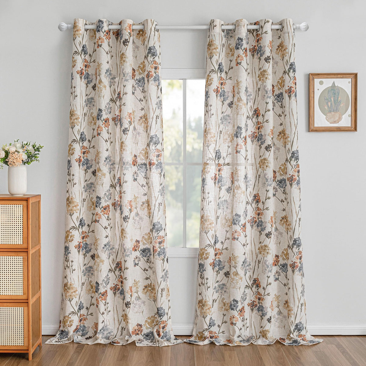 MYSKY HOME Floral Curtains 72 inch for Living Room Linen Semi Sheer Light Filtering Privacy Protect Lightweight Drapes Decor Farmhouse Soft Touch for Dining Room, Yellow, 52" Wide, 2 Panels