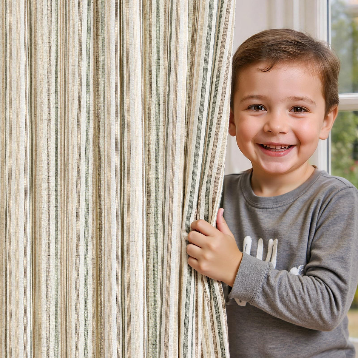 jinchan Linen Curtains 84 Inch Taupe Grey Stripe on Beige Grommet 2 Panels