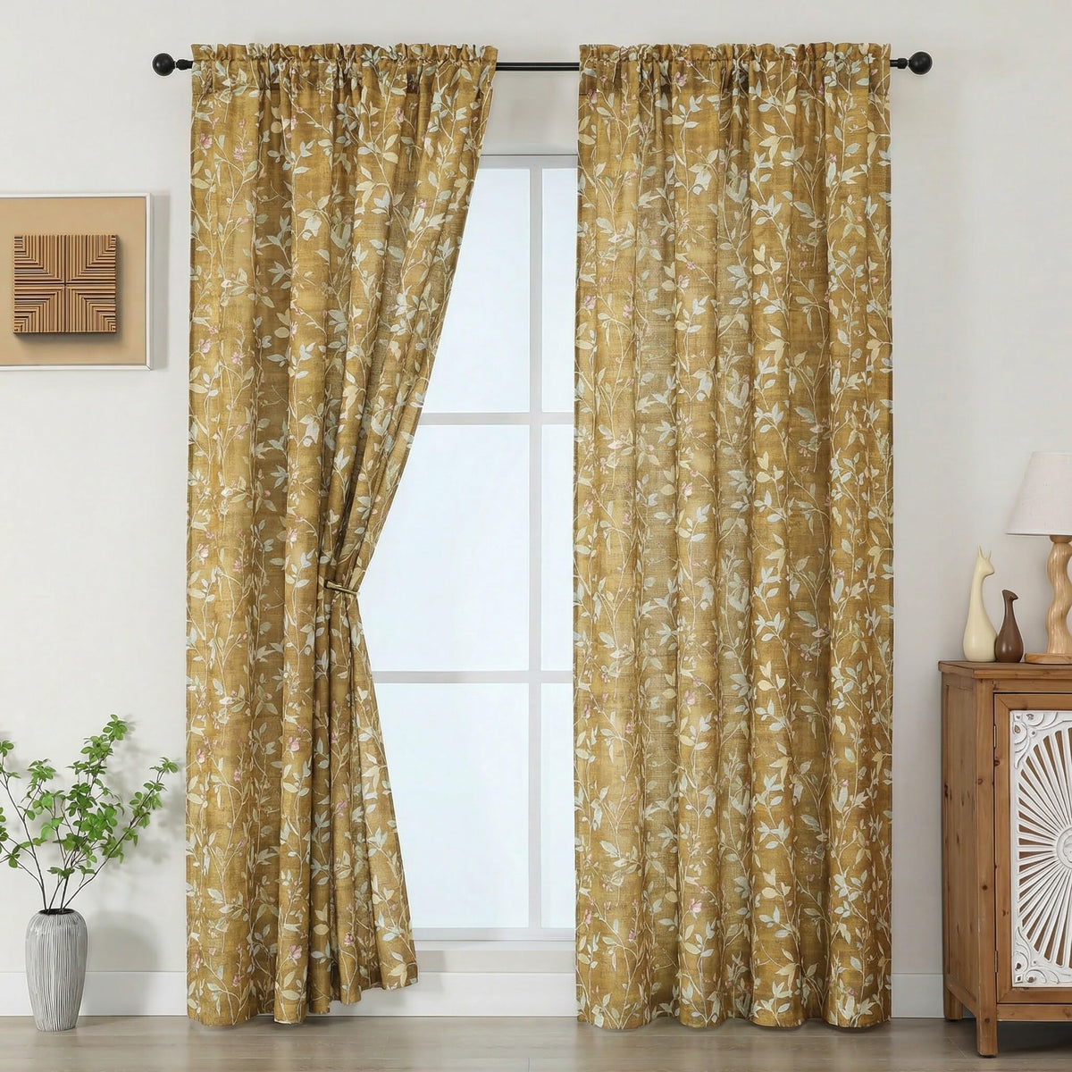 Chyhomenyc Roman Linen Blend Curtains 45 Inch Length 2 Panels, Light Filtering Soft Airy Leaf Floral Printed Rod Pocket Textured Window Treatment Drapes for Living Room Bedroom, 38Wx45L Inch, 2 PCS