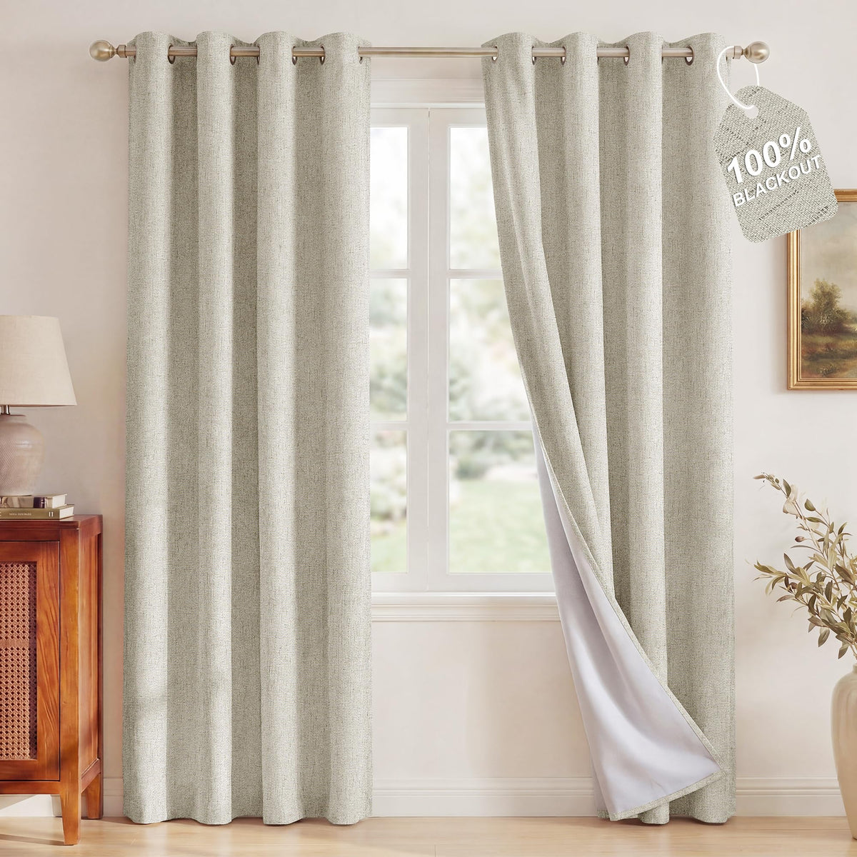 NICETOWN Beige Linen Blackout Curtains 84 Inches Long, W52xL84, 2 Panels