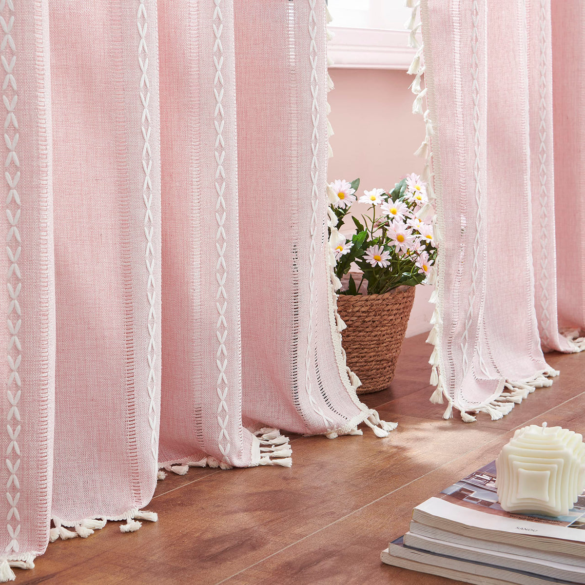 Linen Curtains 84 Inches Long - Embroidery Striped Farmhouse for Living Room, Tassel Boho for Bedroom, Light Filtering 2 Panels Set Rod Pocket Drapes (52" W x 84" L, Khaki)